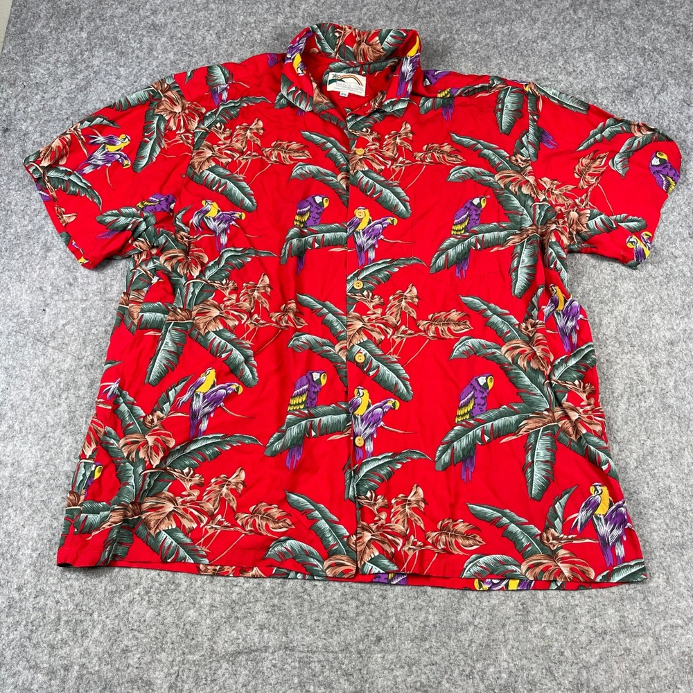 Paradise Found Mens 2XL Hawaiian Shirt Red Parrot Tropical Rayon Made in Hawaii